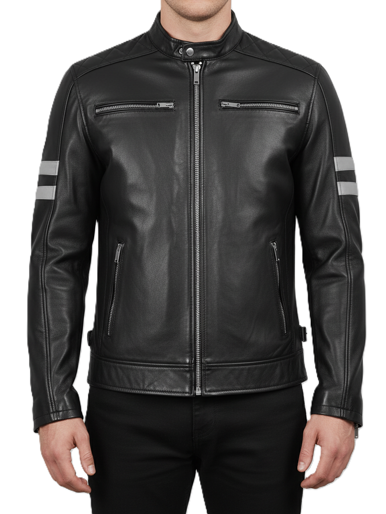 Mens Black Cafe Racer Leather Jacket with White Stripes - Front View