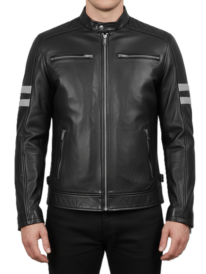 Mens Black Cafe Racer Leather Jacket with White Stripes - Front View