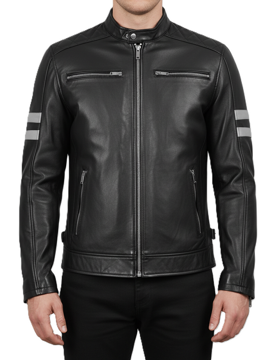 Mens Black Cafe Racer Leather Jacket with White Stripes - Front View