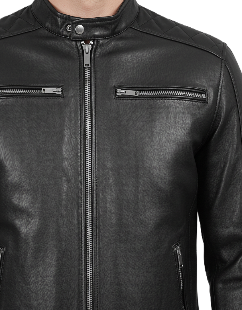 Mens Black Cafe Racer Leather Jacket with White Stripes - Full Look
