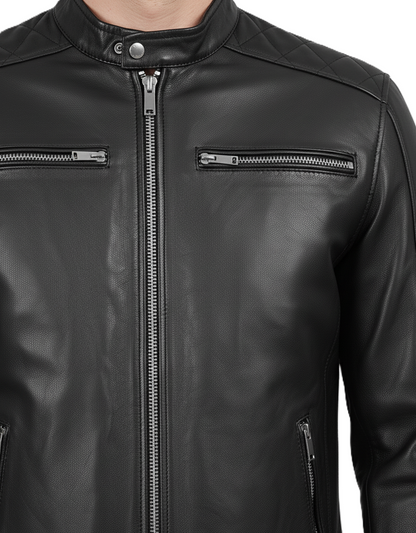 Mens Black Cafe Racer Leather Jacket with White Stripes - Full Look