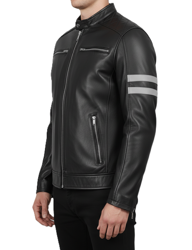 Mens Black Cafe Racer Leather Jacket with White Stripes - Side View