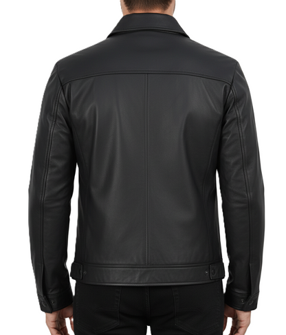 Mens Black Genuine Leather Harrington Jacket - Back View