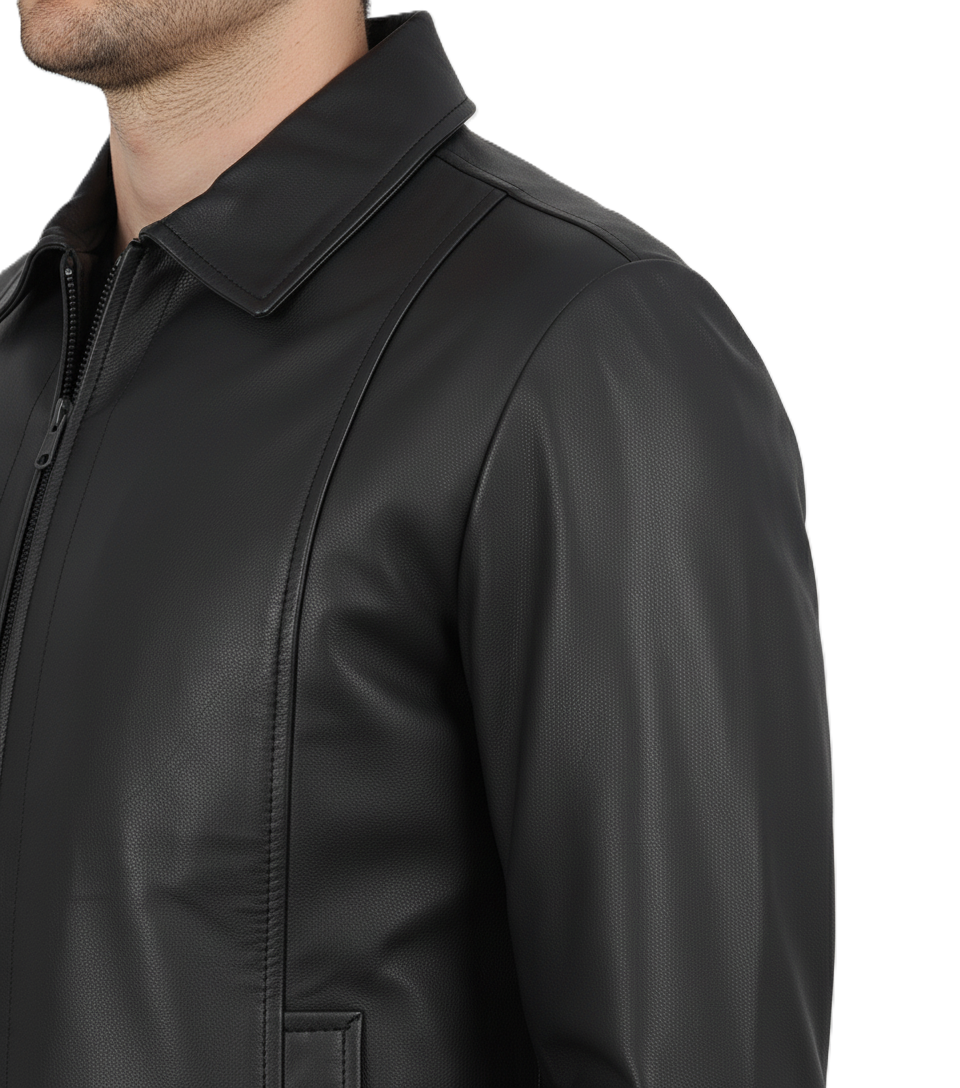 Mens Black Genuine Leather Harrington Jacket - Collar Detail