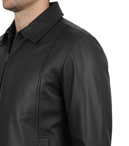 Mens Black Genuine Leather Harrington Jacket - Collar Detail