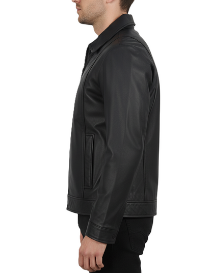 Mens Black Genuine Leather Harrington Jacket - Detail View
