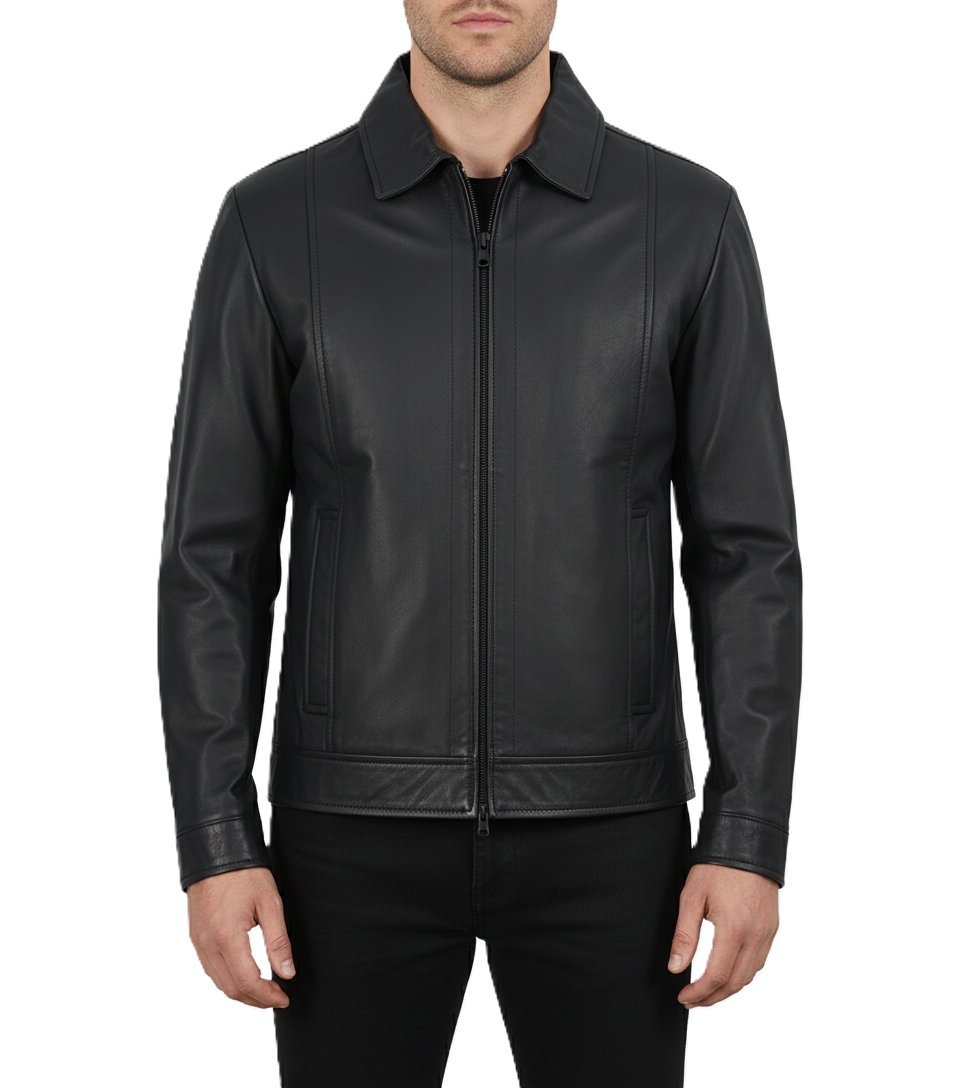 Mens Black Genuine Leather Harrington Jacket - Front View
