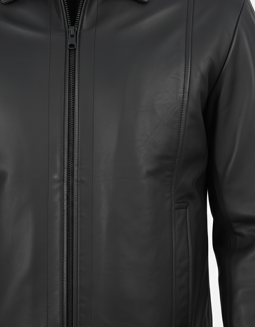 Mens Black Genuine Leather Harrington Jacket - Full Look