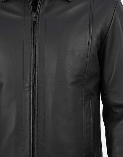 Mens Black Genuine Leather Harrington Jacket - Full Look