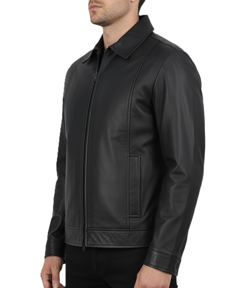 Mens Black Genuine Leather Harrington Jacket - Side View