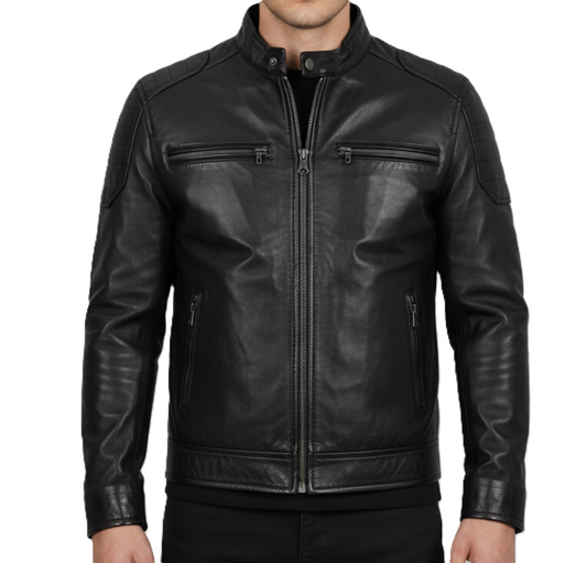 Mens Black Lambskin Cafe Racer Jacket - Front View