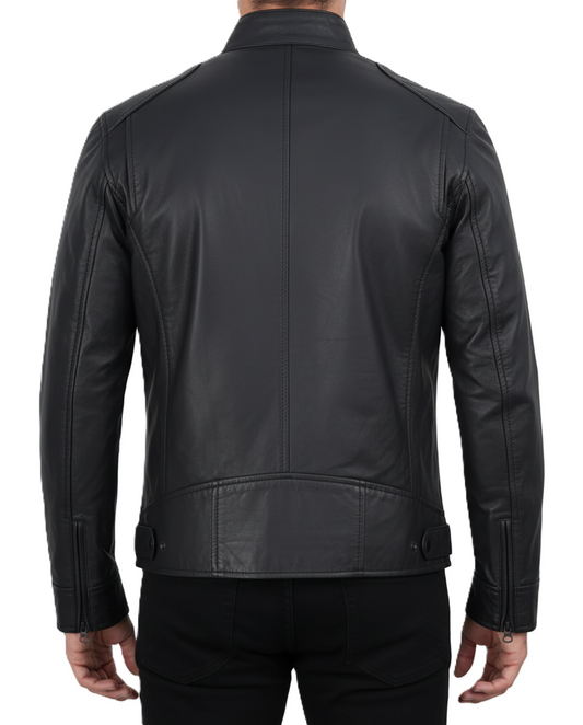Mens Black Lambskin Cafe Racer Leather Jacket - Back View