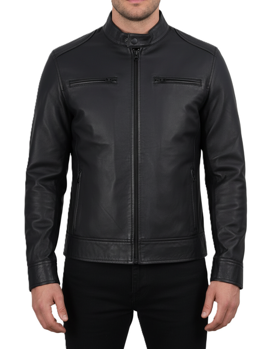 Mens Black Lambskin Cafe Racer Leather Jacket - Front View