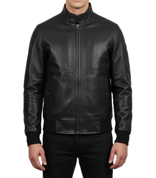 Mens Black Lambskin Leather Bomber Jacket - Front View