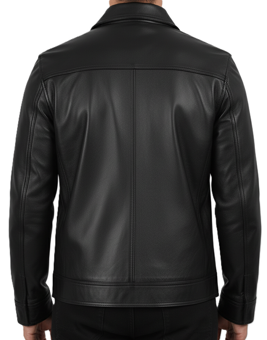 Mens Black Lambskin Leather Harrington Jacket - Back View