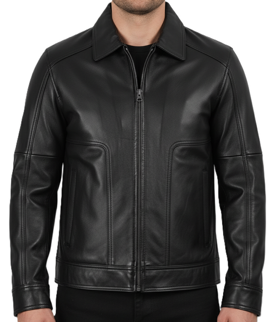 Mens Black Lambskin Leather Harrington Jacket - Front View