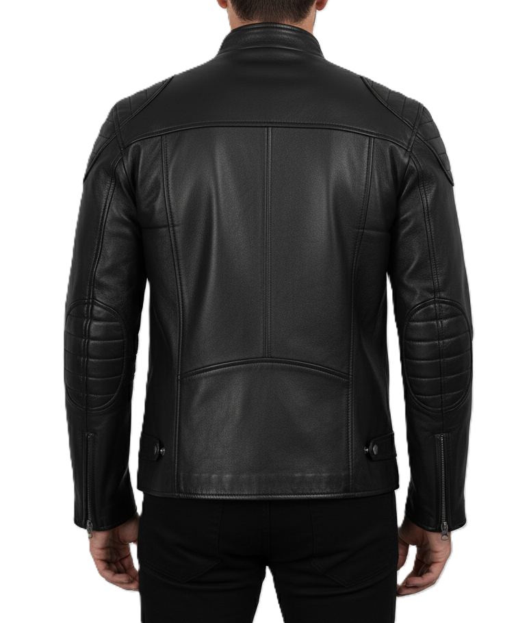 Mens Black Lambskin Motorcycle Leather Jacket - Back View
