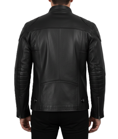 Mens Black Lambskin Motorcycle Leather Jacket - Back View