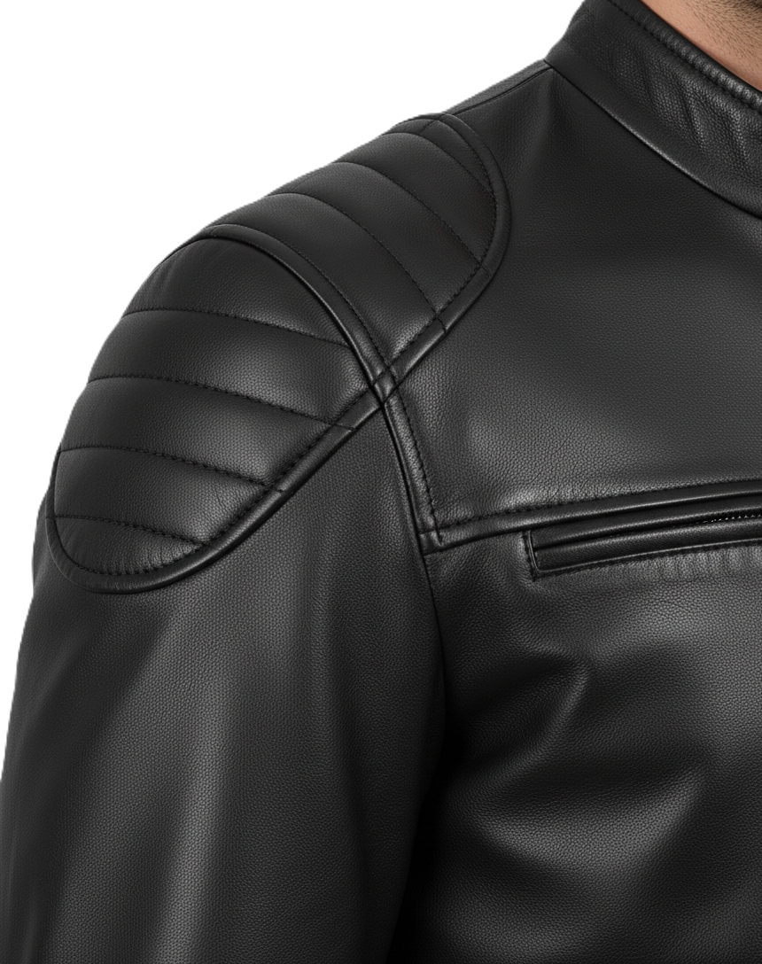 Mens Black Lambskin Motorcycle Leather Jacket - Collar Detail