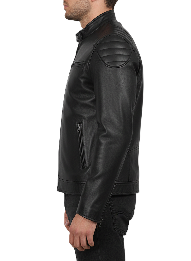 Mens Black Lambskin Motorcycle Leather Jacket - Detail View