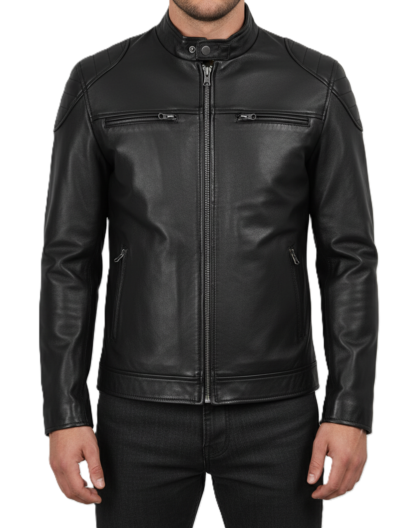 Mens Black Lambskin Motorcycle Leather Jacket - Front View