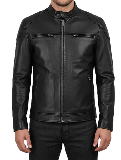 Mens Black Lambskin Motorcycle Leather Jacket - Front View