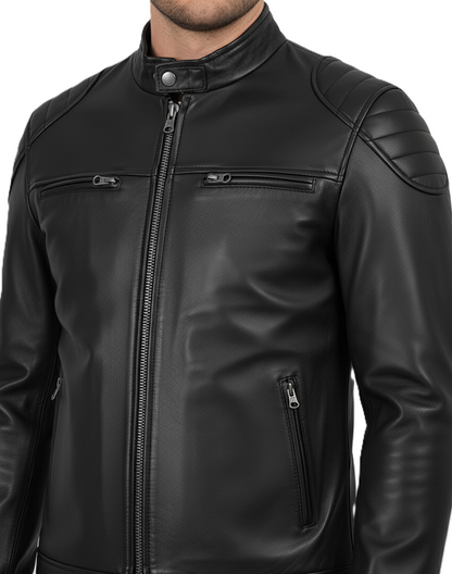 Mens Black Lambskin Motorcycle Leather Jacket - Full Look