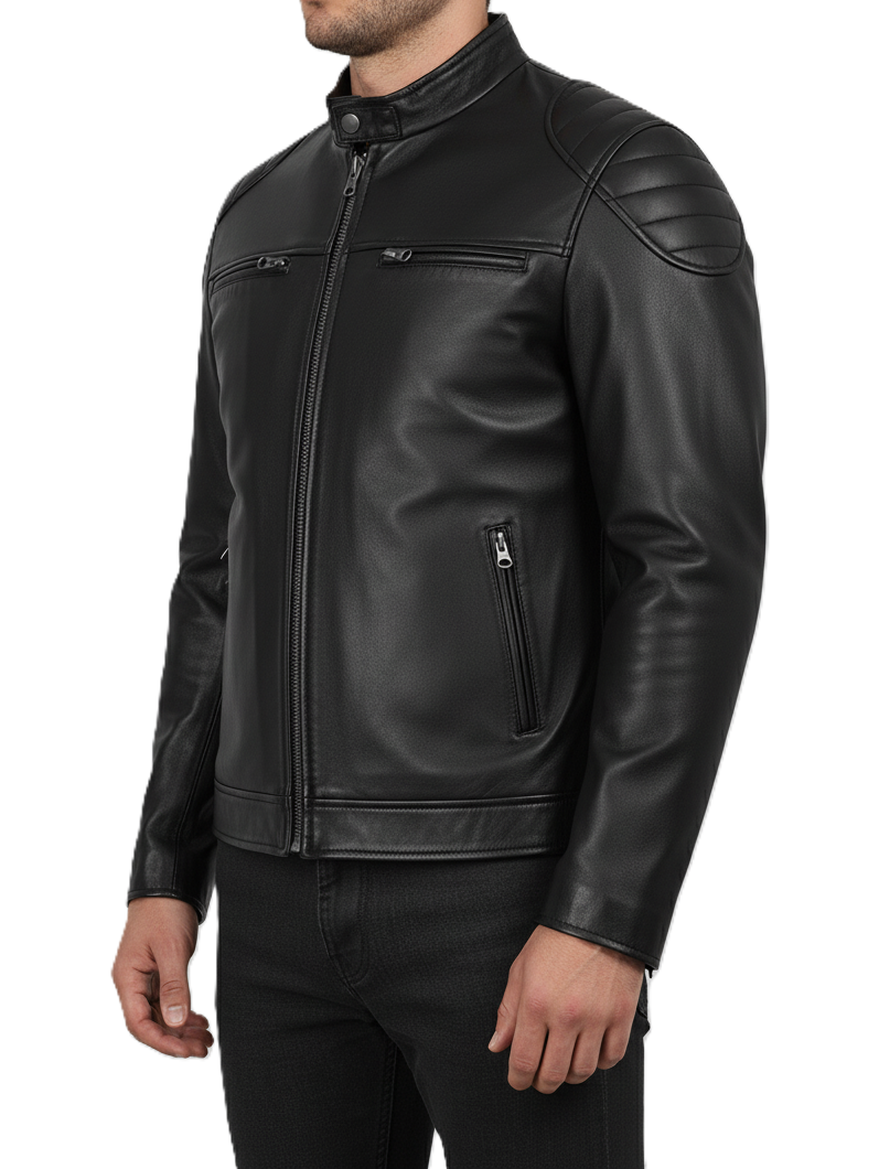 Mens Black Lambskin Motorcycle Leather Jacket - Side View