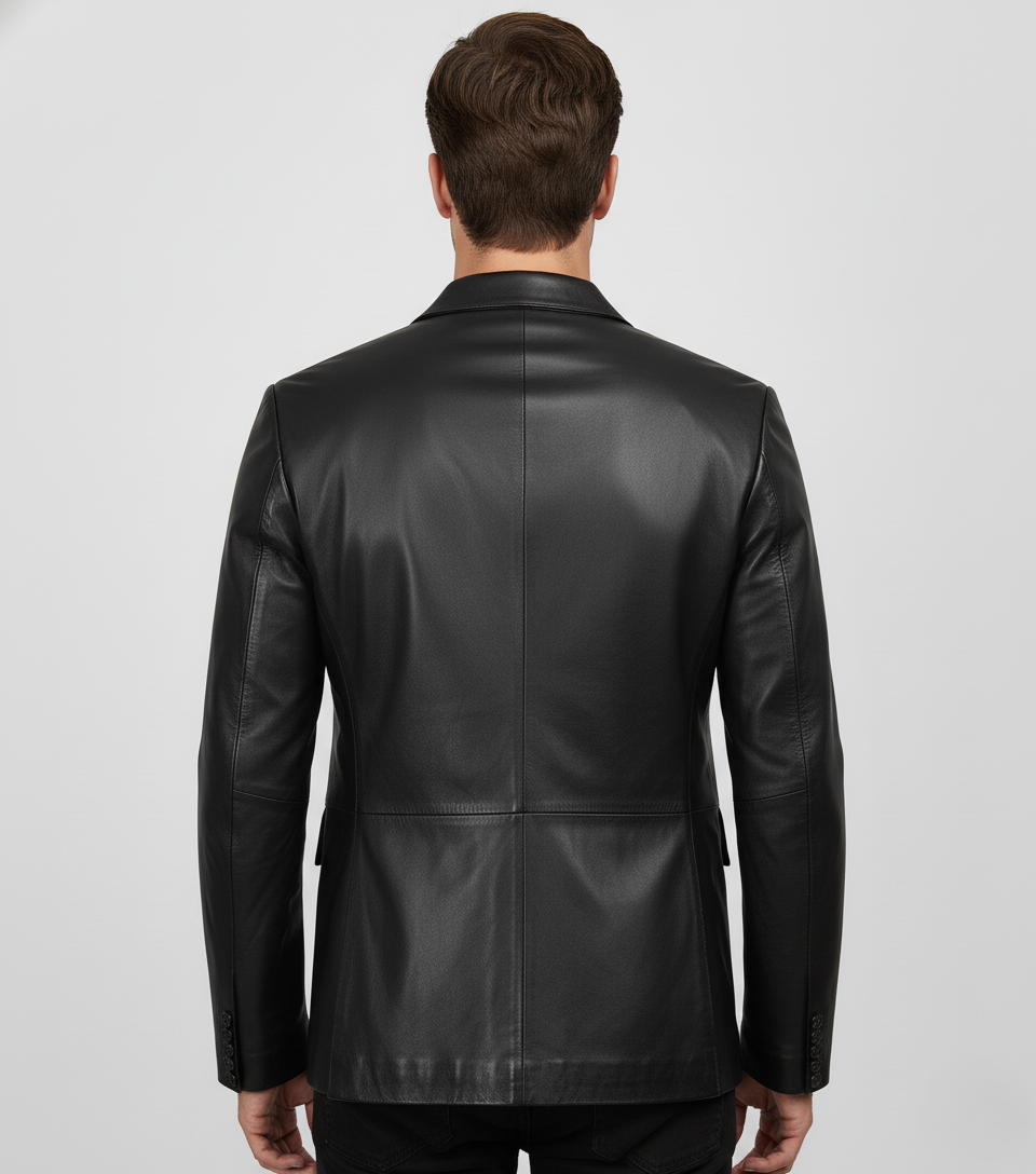 Mens Black Leather Blazer Handmade Coat - back View