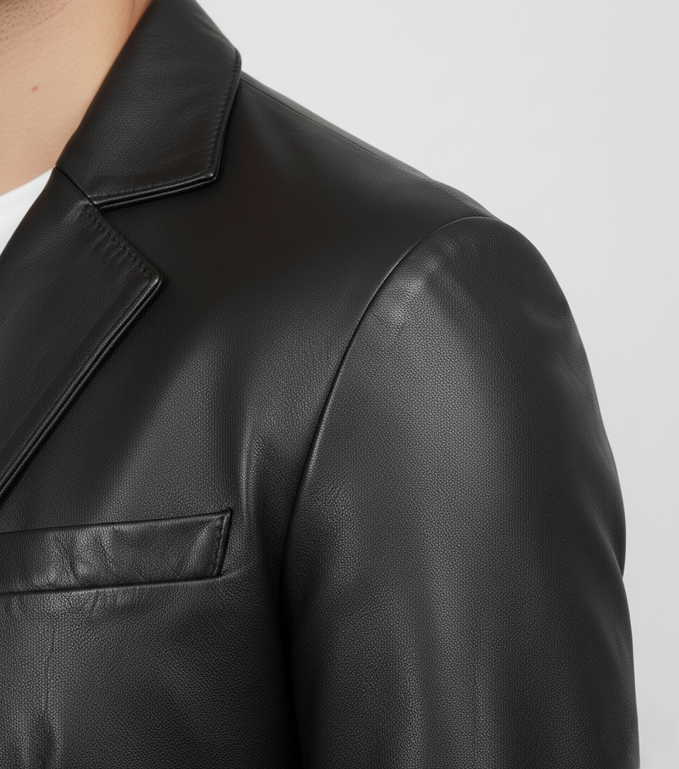 Mens Black Leather Blazer Handmade Coat - Collar Detail