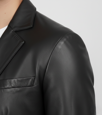 Mens Black Leather Blazer Handmade Coat - Collar Detail