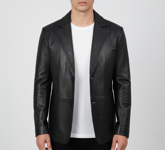 Mens Black Leather Blazer Everyday Coat - Front View