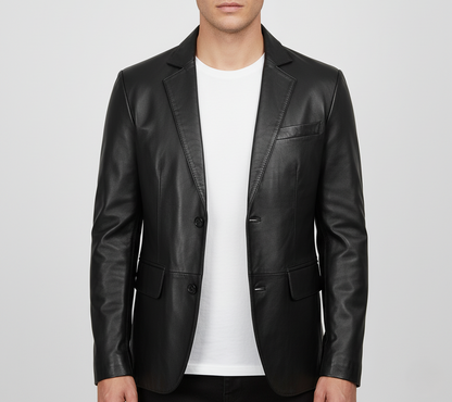 Mens Black Leather Blazer Handmade Coat - Front View