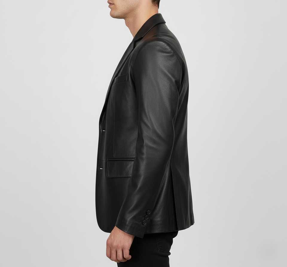 Mens Black Leather Blazer Handmade Coat - left View