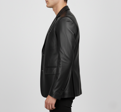 Mens Black Leather Blazer Handmade Coat - left View
