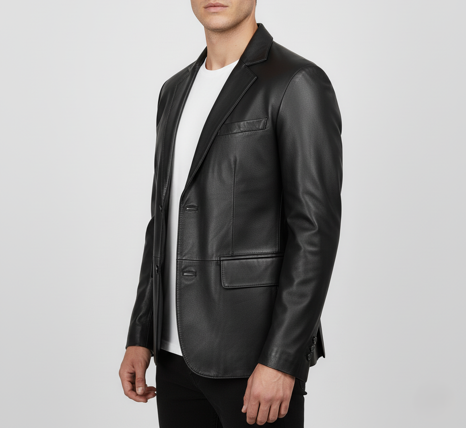 Mens Black Leather Blazer Handmade Coat - side View