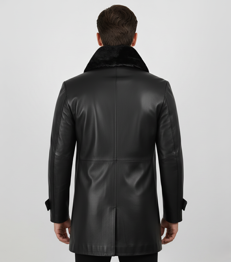 Mens Black Leather Coat with Faux Fur Collar - Back View