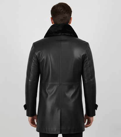 Mens Black Leather Coat with Faux Fur Collar - Back View