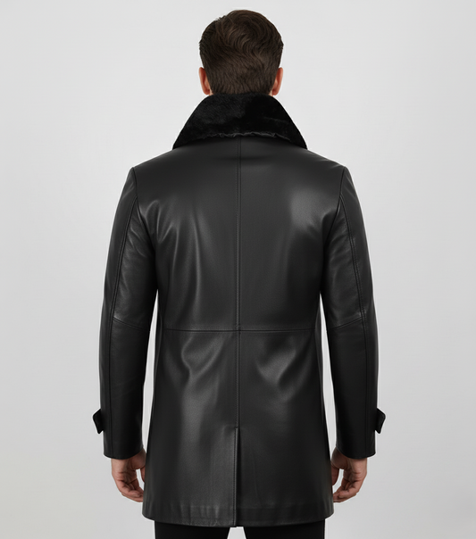 Mens Black Leather Coat with Faux Fur Collar - Back View