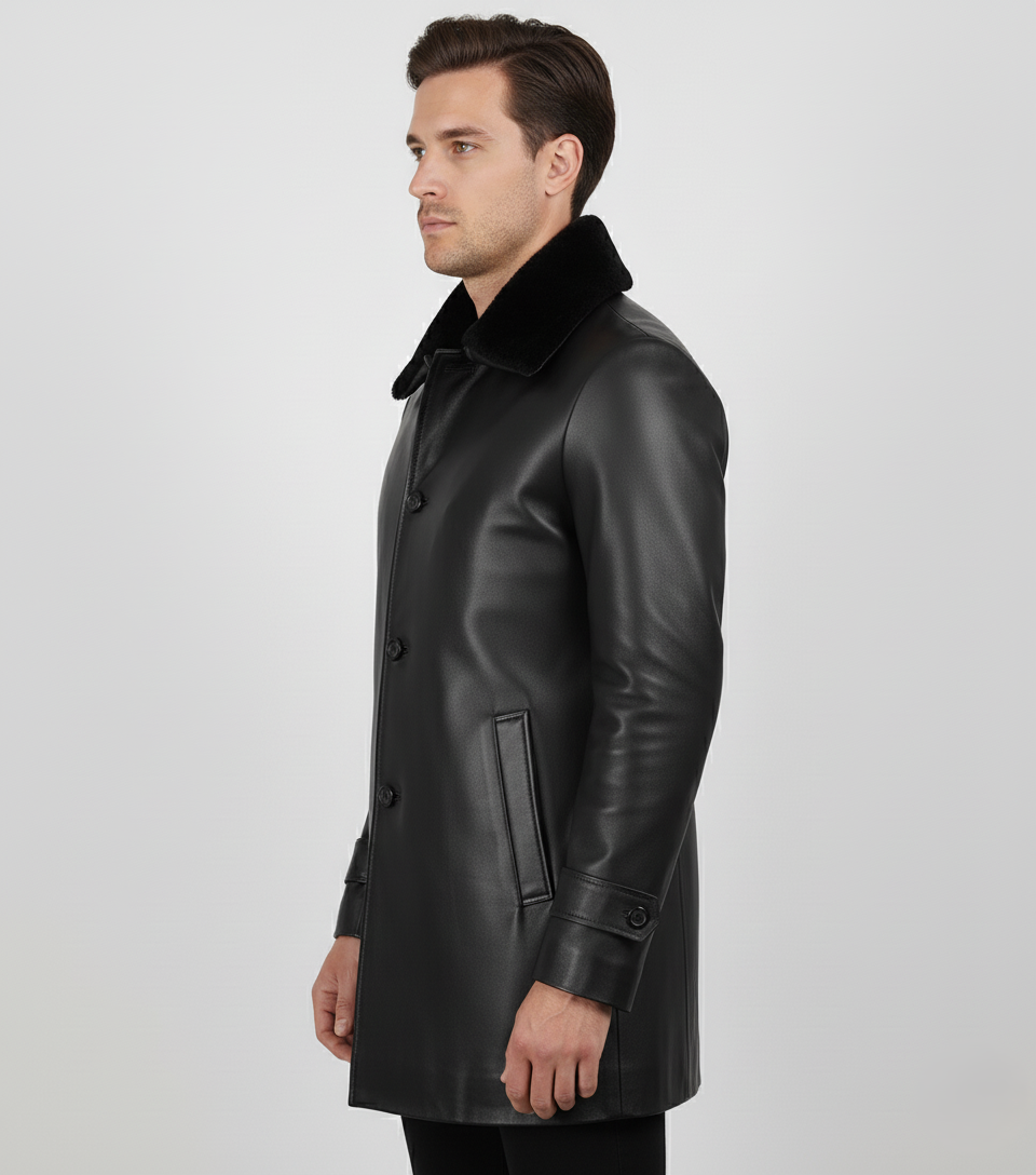 Mens Black Leather Coat with Faux Fur Collar - Detail View