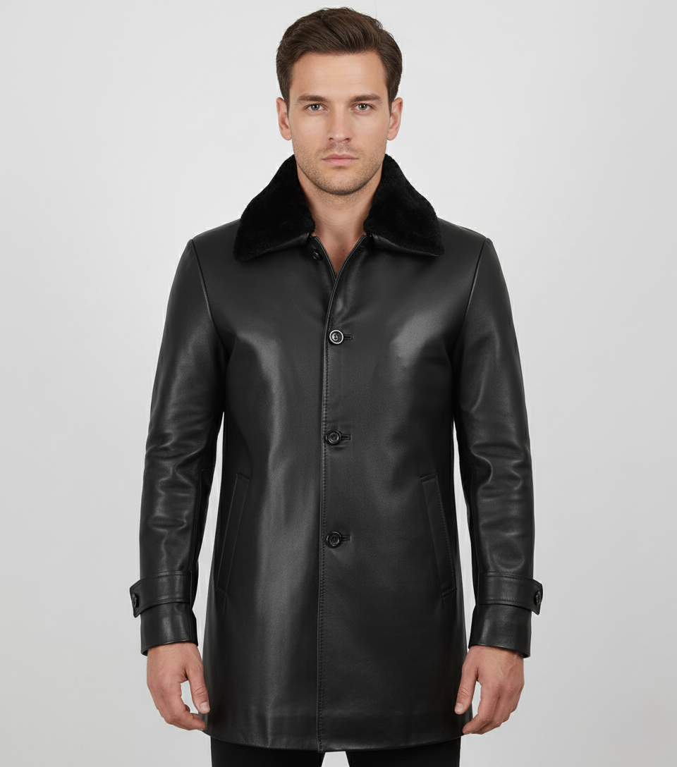 Mens Black Leather Coat with Faux Fur Collar - Front View