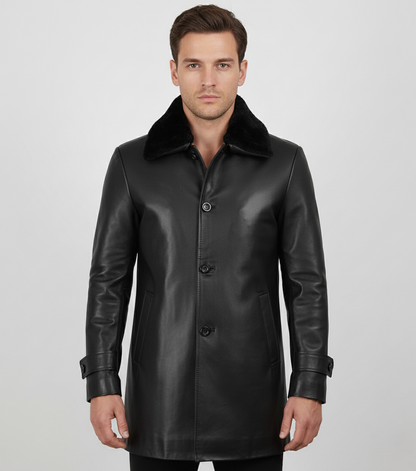 Mens Black Leather Coat with Faux Fur Collar - Front View
