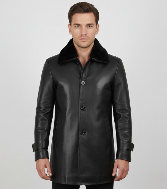 Mens Black Leather Coat with Faux Fur Collar - Front View