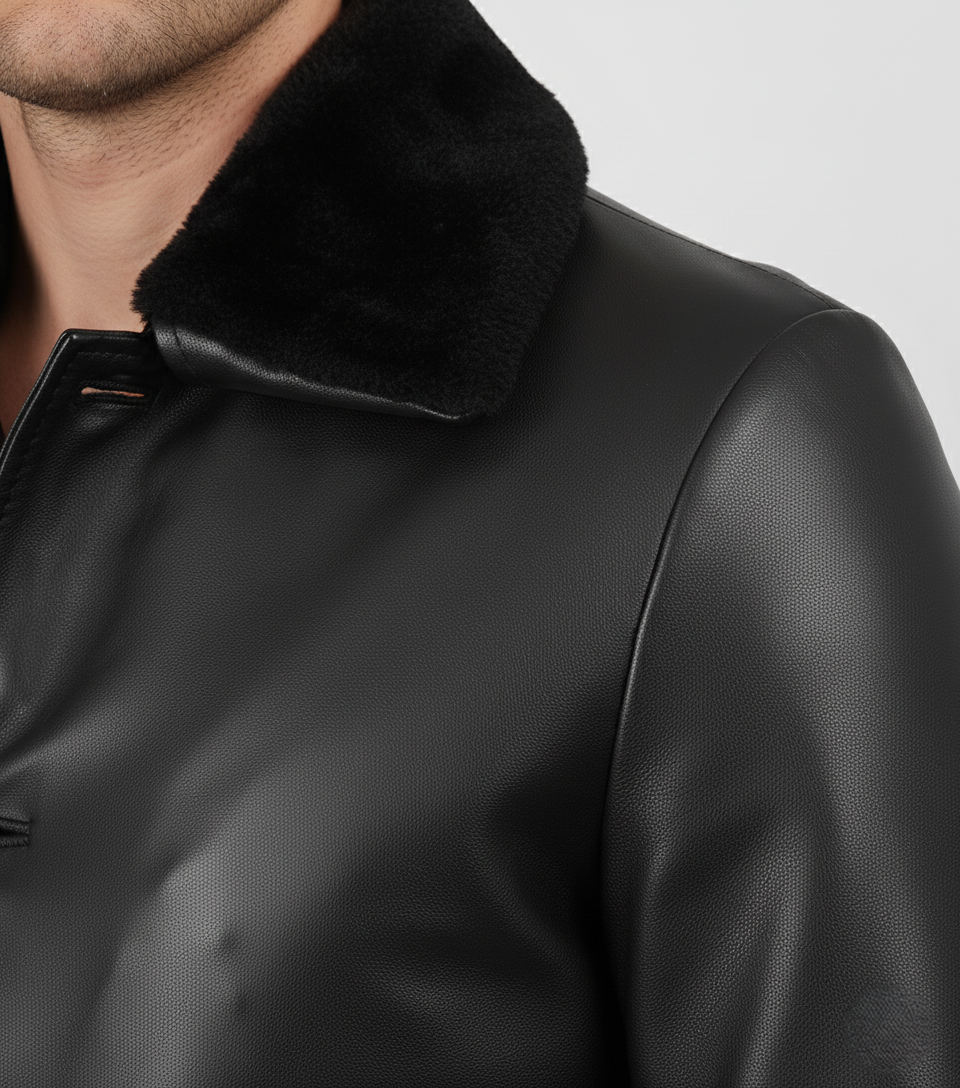Mens Black Leather Coat with Faux Fur Collar - Full Look