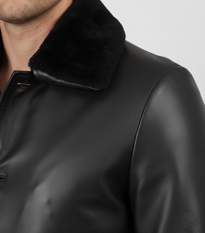 Mens Black Leather Coat with Faux Fur Collar - Full Look