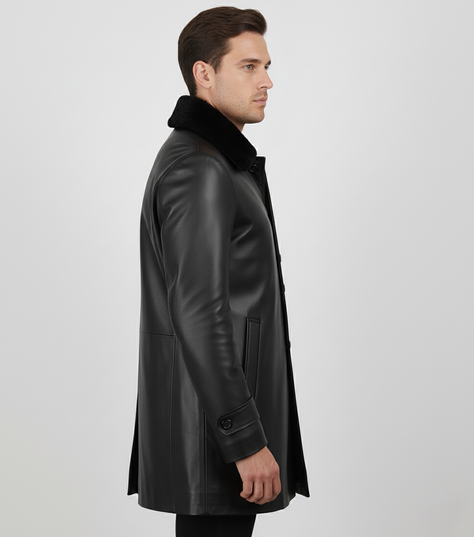 Mens Black Leather Coat with Faux Fur Collar - Fur Detail