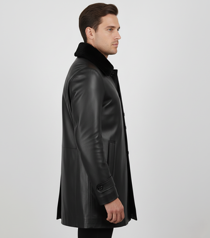 Mens Black Leather Coat with Faux Fur Collar - Fur Detail