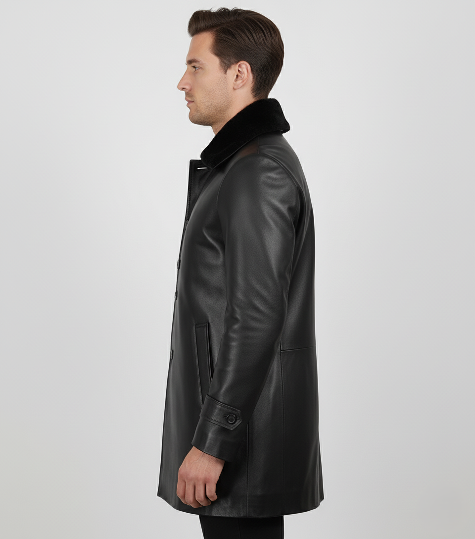 Mens Black Leather Coat with Faux Fur Collar - Side View