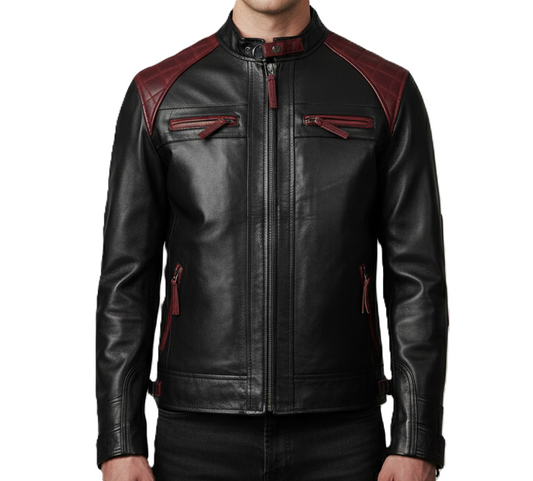 Mens Black and Red Cafe Racer Leather Jacket - Front View