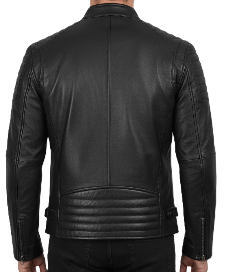 Mens Black Sheepskin Leather Biker Jacket - Back View